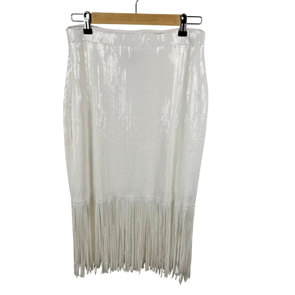 White Sequin Fringe Midi Skirt Medium Party Glam Event Holiday New Years Bodycon
